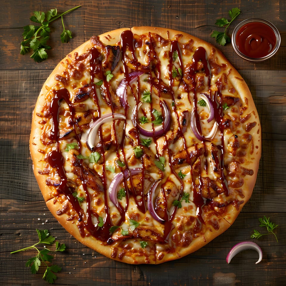 PieZanos BBQ chicken pizza with red onions, parsley, and a side of BBQ sauce on wood.