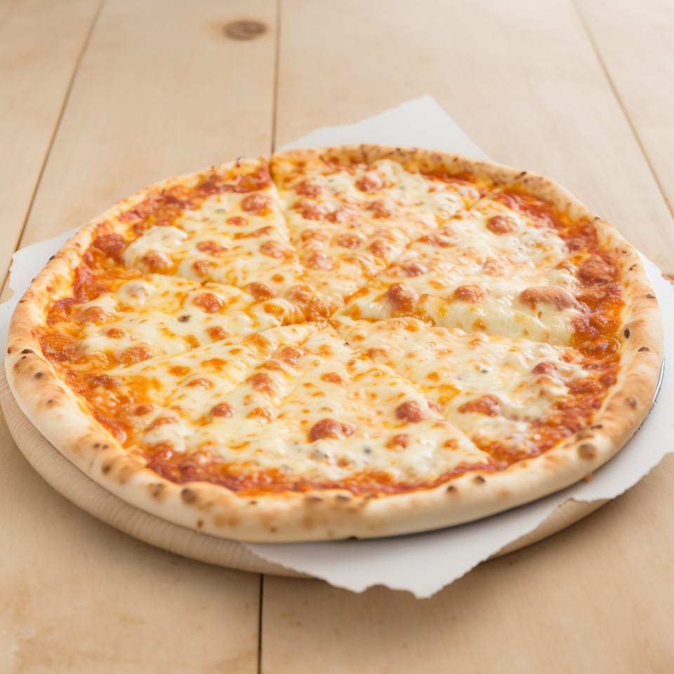 A whole cheese pizza, sliced, on a wooden board and white paper, against a light wood background.