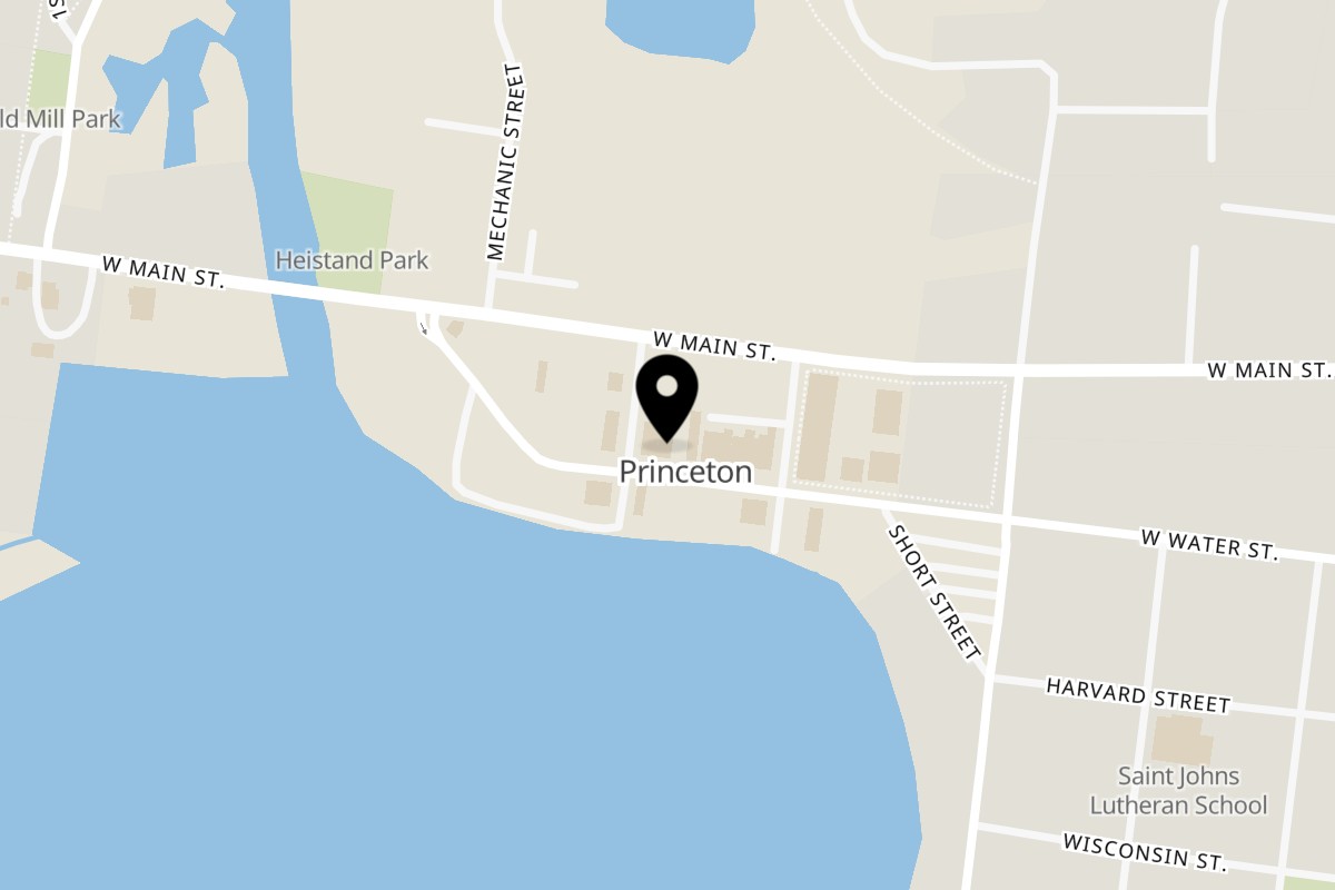 Map showing the location of PieZanos Pizza and Wings on 538 West Water Street in Princeton